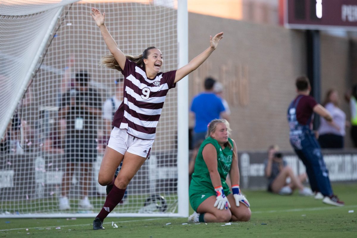 Texas A&M midfielder Taylor Pounds (9) reacts after scoring a goal as Louisiana Tech goalkeeper Cadence Rutledge (40) kneels on the ground during Texas A&M’s game against Louisiana Tech at Ellis Field on Sunday, Sept. 8, 2024. Pounds scored two back-to-back goals for the Aggies within a minute of each other in the second half, securing the Maroon and White’s 2-0 win. 