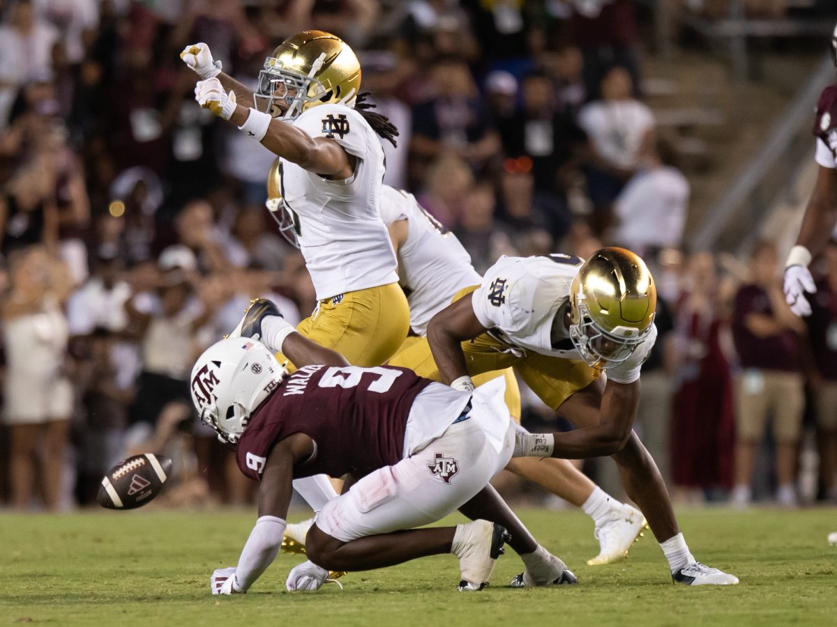 Texas A&amp;M Aggies wide receiver Jahdae Walker (9) drops a fourth down pass to force a turnover during Texas A&amp;M’s game against Notre Dame at Kyle Field on Saturday, Aug. 31, 2024. (Chris Swann/The Battalion)