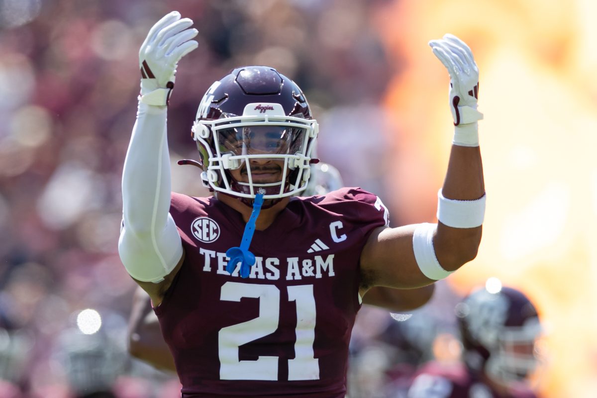 Texas A&amp;M Aggies linebacker Taurean York (21) runs out on to the field before Texas A&amp;M’s game against McNeese State at Kyle Field on Saturday, Sept. 7, 2024. (Chris Swann/The Battalion)