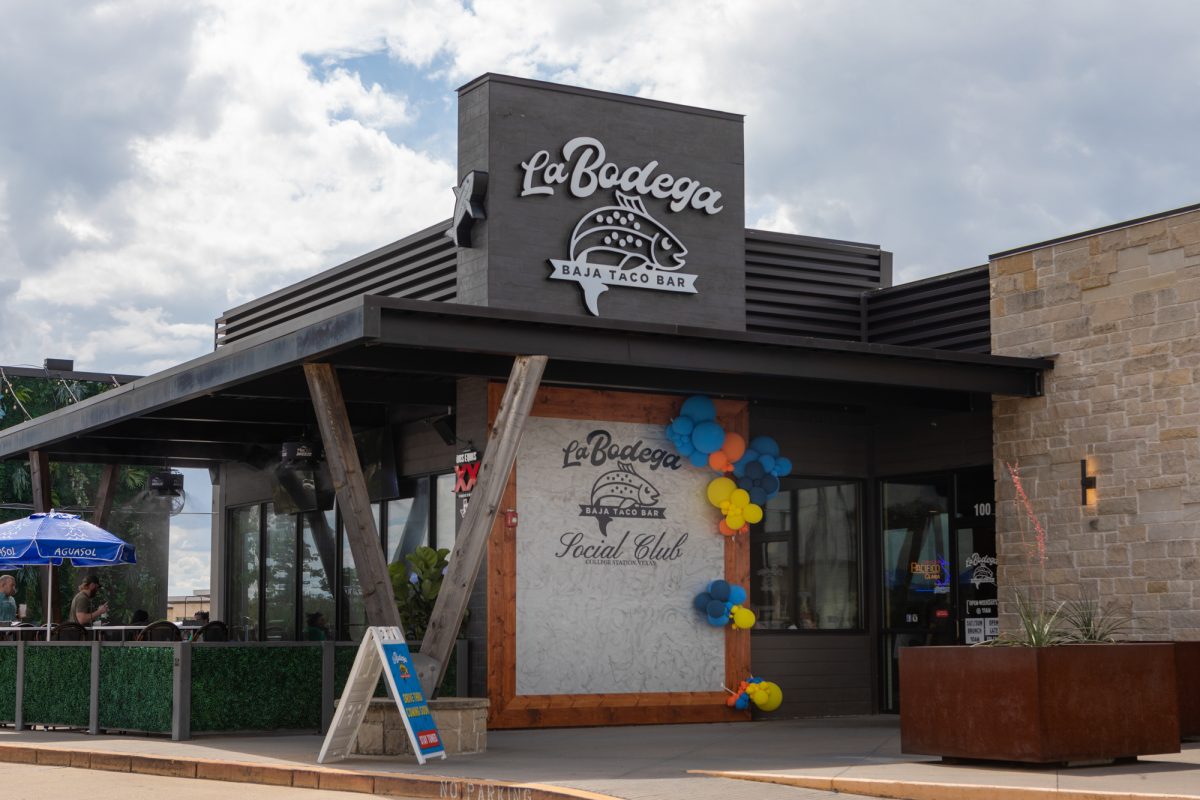 Balloons decorate the entrance of La Bodega Baja Taco Bar to celebrate the restaurants return to College Station on Monday, Aug. 2, 2024. (Eduardo Gonzalez/The Battalion)