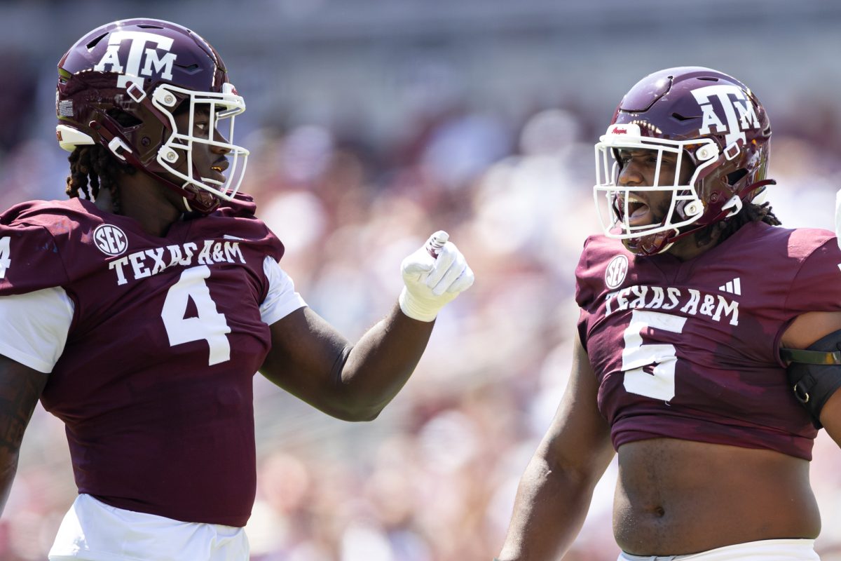 Texas A&amp;M Aggies defensive lineman Shemar Turner (5) and Texas A&amp;M Aggies defensive lineman Shemar Stewart (4) react during Texas A&amp;M's game against McNeese State at Kyle Field on Saturday, Sept. 7, 2024. (Adriano Espinosa/The Battalion)