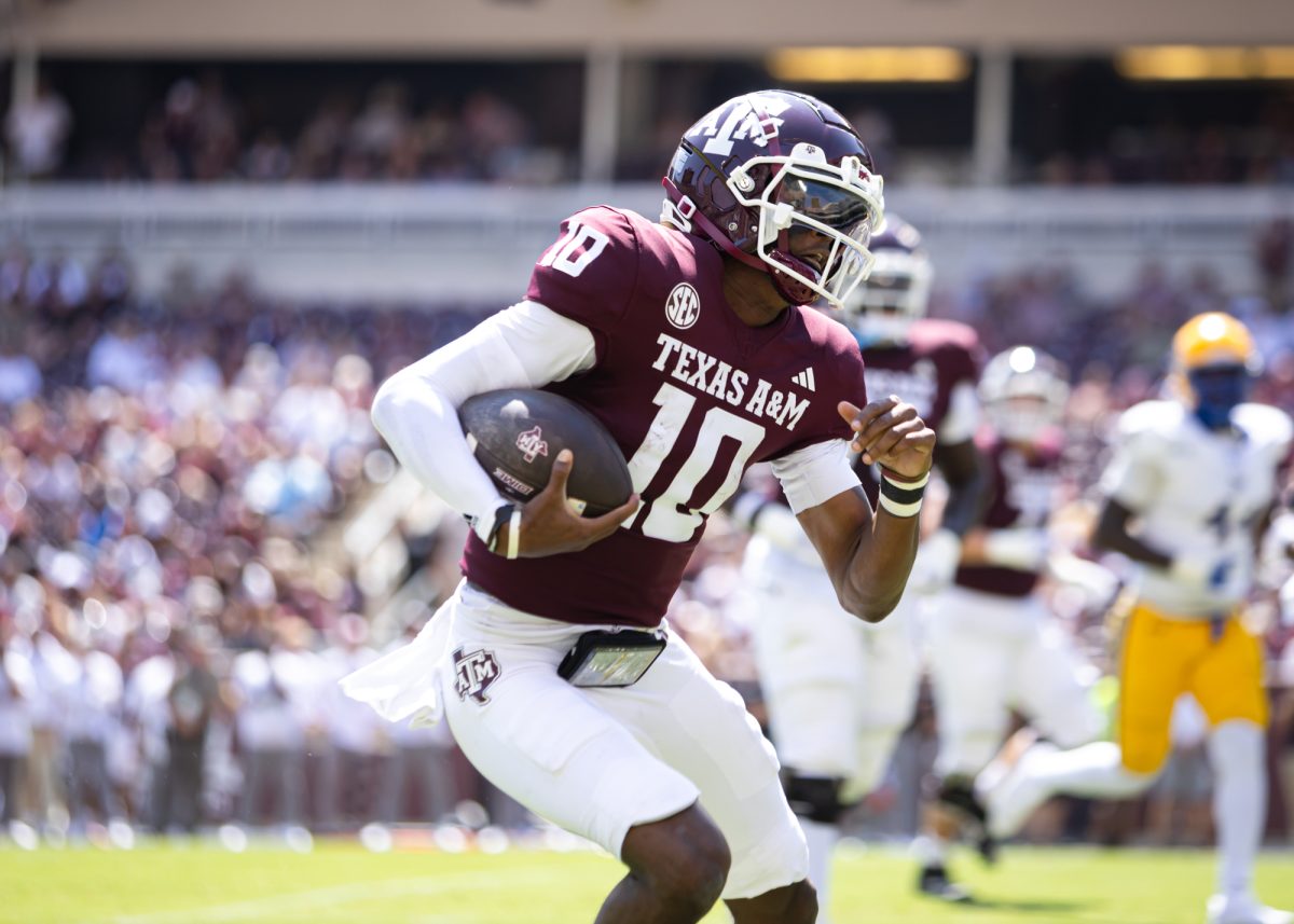 Texas A&M Aggies quarterback Marcel Reed (10) cuts into the end zone during Texas A&M's game against McNeese State at Kyle Field on Saturday, Sept. 7, 2024. (Adriano Espinosa/The Battalion)