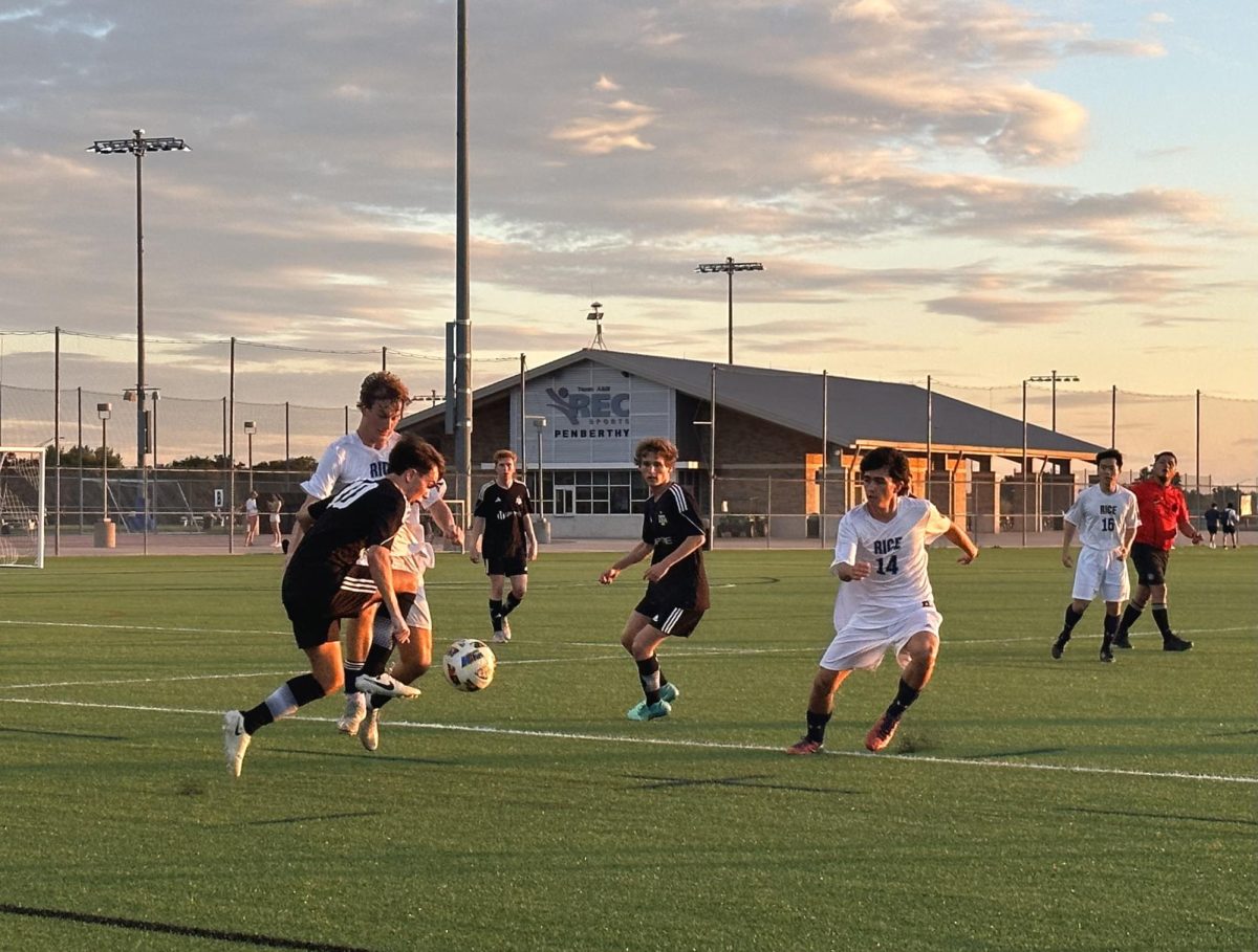 Texas A&M senior midfielder Cason Walborn (10) stops Rice’s advancing pass during A&M’s game against Rice at Penberthy Field 10 on Friday, Sept. 6, 2024.