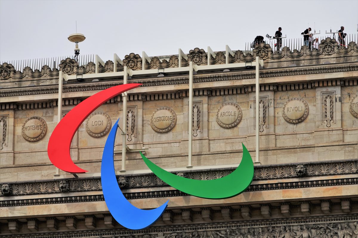 The Paralympic logo at the top of the Arc de Triomphe in Paris, France. (Photo via Wikimedia Commons/Creative Commons)