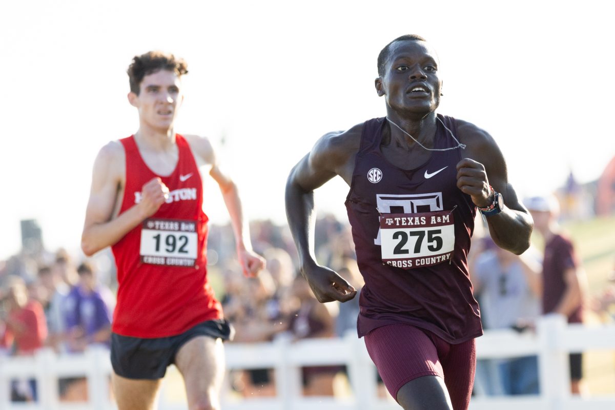 Freshman Gilbert Rono breaks for the finish line during Texas A&amp;M's Cross Country Invitational at Dale Watts '71 Cross Country Course on Friday, Sept. 13, 2024. (Adriano Espinosa/The Battalion)