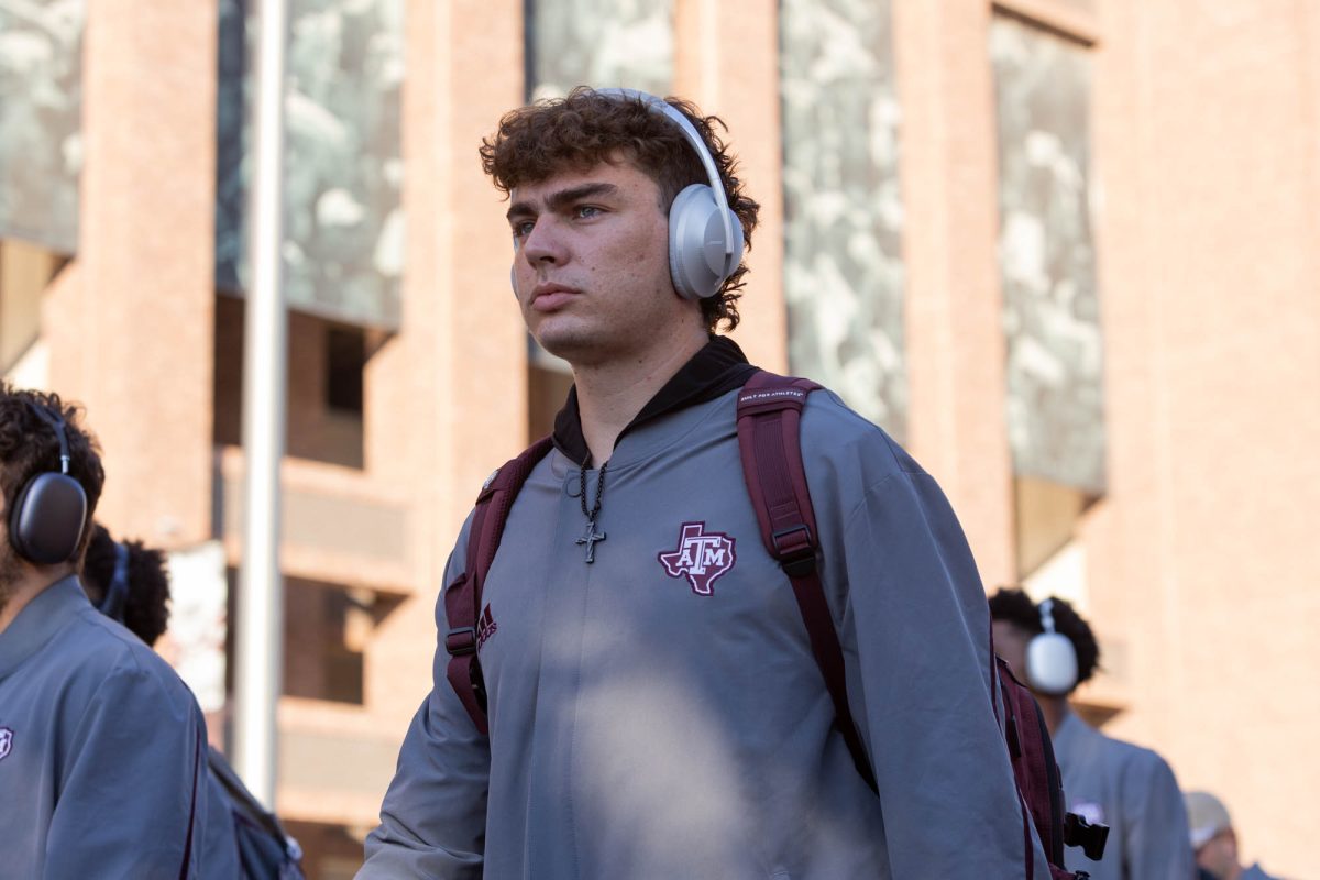 Texas A&amp;M Aggies quarterback Conner Weigman (15) leaves the bus at Spirit Walk before Texas A&amp;M’s game against Missouri outside Kyle Field Saturday, Oct. 5, 2024. (Micah Richter/The Battalion)