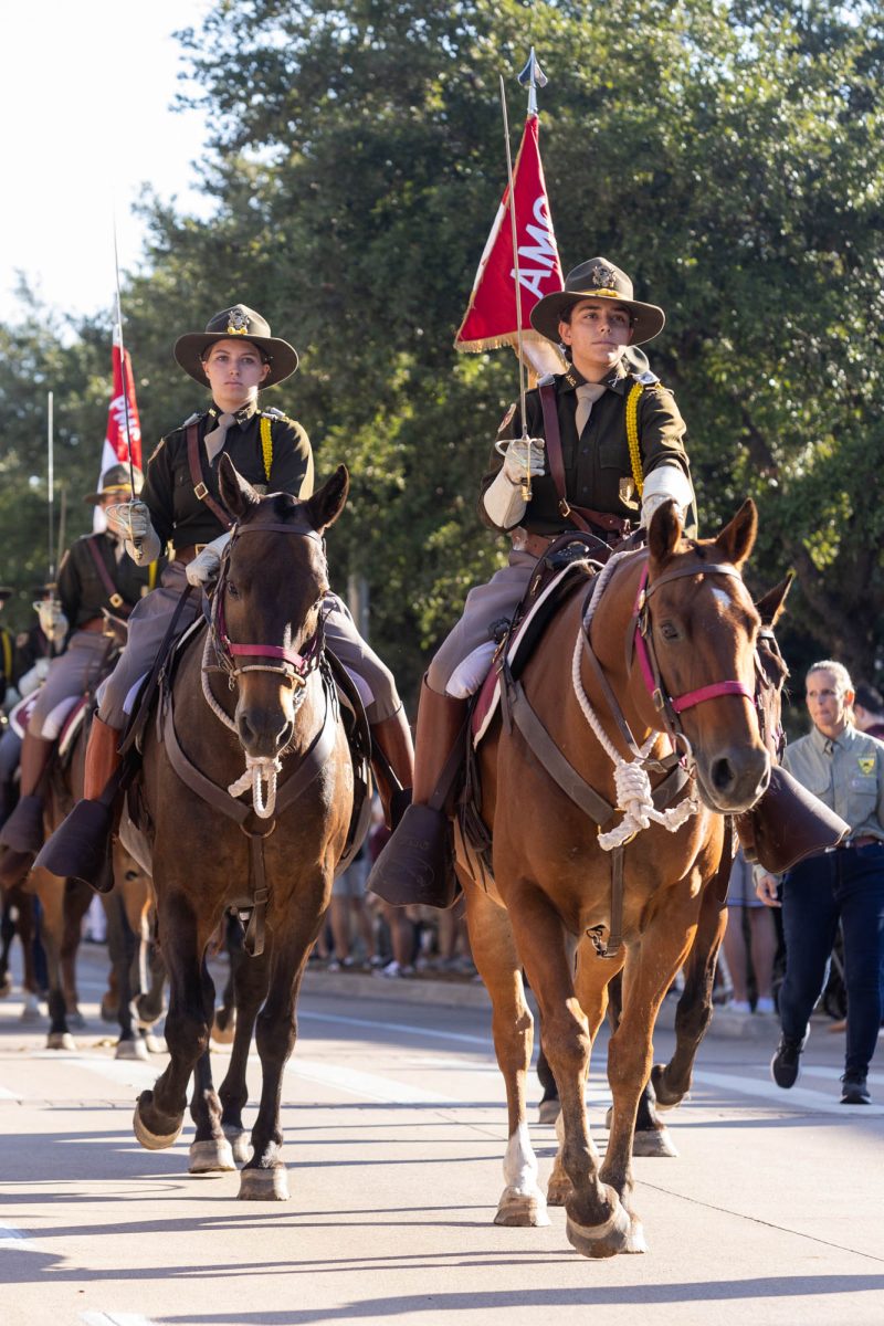 Parson’s Mounted Cavalry commanding officer Olivia Baptiste leads her outfit before Texas A&amp;M’s game against Missouri at Kyle Field Saturday, Oct. 5, 2024. (Micah Richter/The Battalion)