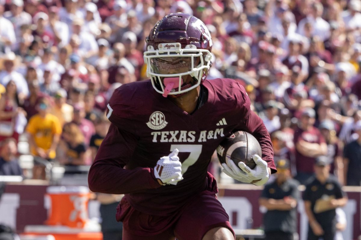 Texas A&amp;M Aggies wide receiver Moose Muhammad III (7) breaks a tackle at Texas A&amp;M’s game against Missouri at Kyle Field Saturday, Oct. 5, 2024. (Micah Richter/The Battalion)