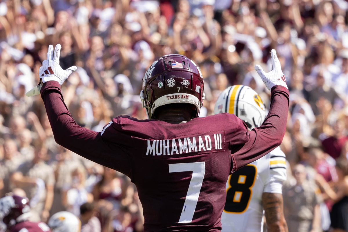 Texas A&amp;M Aggies wide receiver Moose Muhammad III (7) reacts at Texas A&amp;M’s game against Missouri at Kyle Field Saturday, Oct. 5, 2024. (Micah Richter/The Battalion)