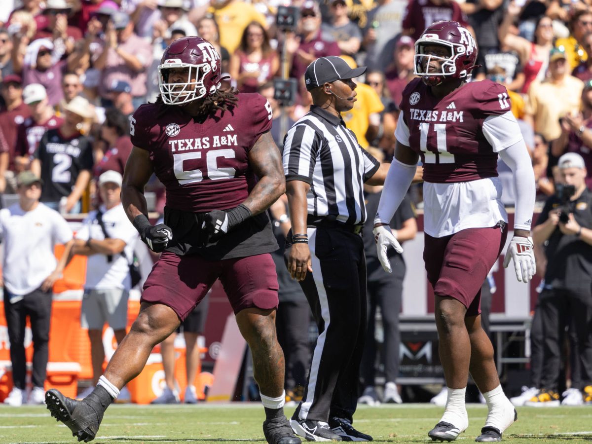 Texas A&amp;M Aggies defensive lineman Rodas Johnson (56) reacts at Texas A&amp;M’s game against Missouri at Kyle Field Saturday, Oct. 5, 2024. (Micah Richter/The Battalion)