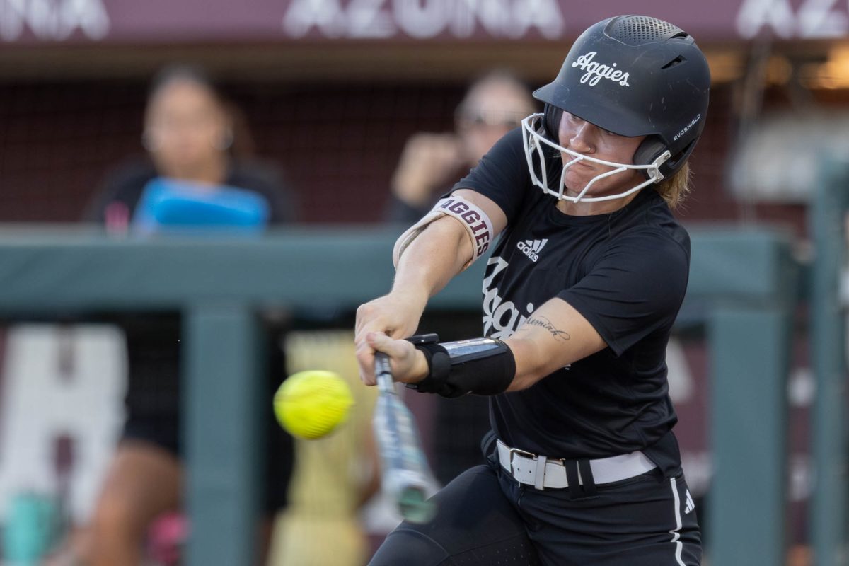 Texas A&amp;M Aggies infielder Frankie Vrazel (8) hits the ball during Texas A&amp;M’s game against Temple College at Davis Diamond on Tuesday, Oct. 22, 2024. (Micah Richter/The Battalion)