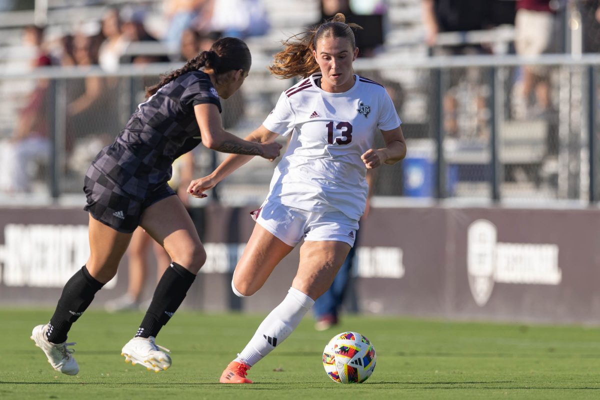 Texas A&amp;M md Mia Pante (13) dribbles the ball during Texas A&amp;M's game against Mississippi at Ellis Field on Sunday, Oct. 27, 2024. (Micah Richter/The Battalion)