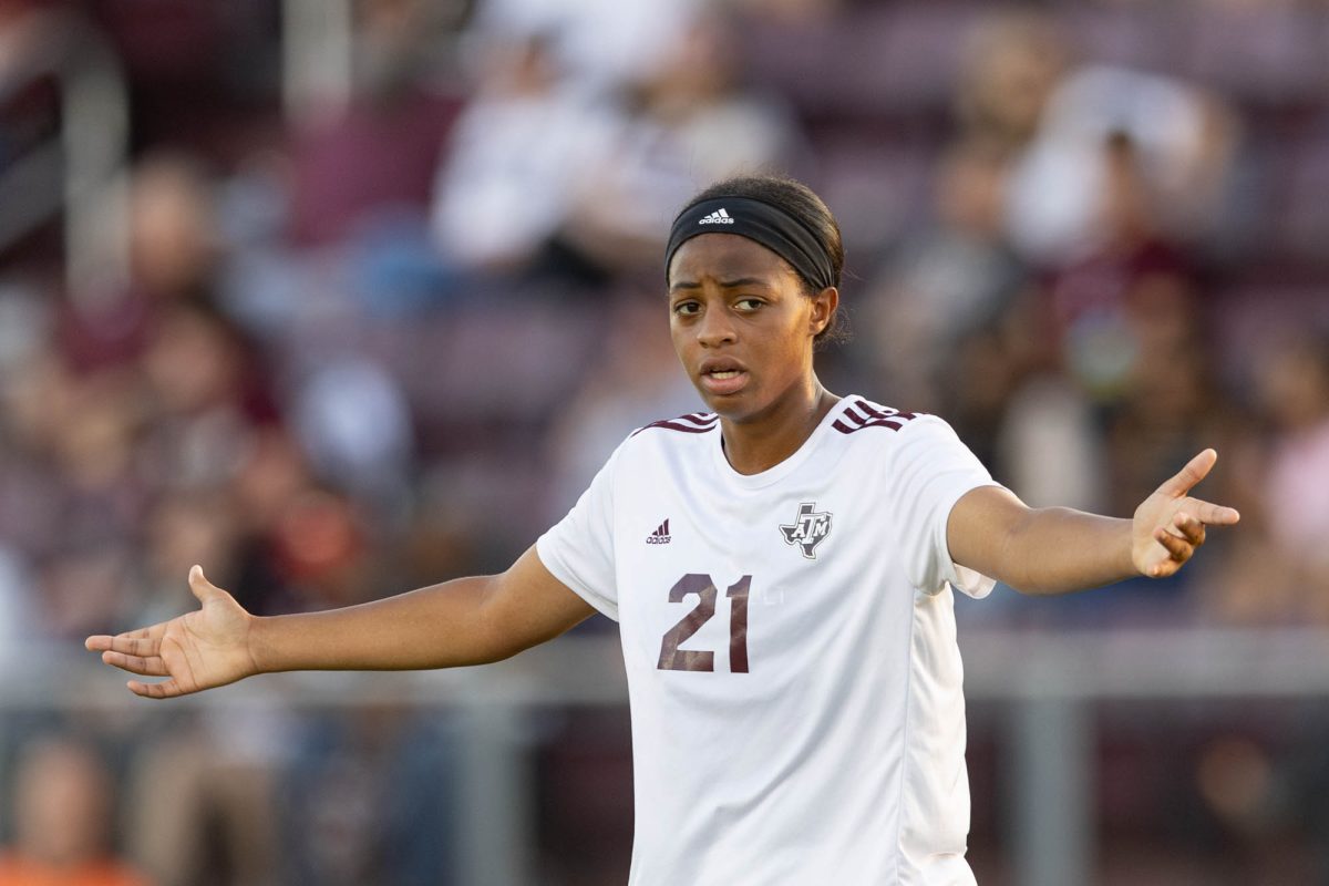 Texas A&amp;M foward Jazmine Wilkinson (21) reacts during Texas A&amp;M's game against Mississippi at Ellis Field on Sunday, Oct. 27, 2024. (Micah Richter/The Battalion)