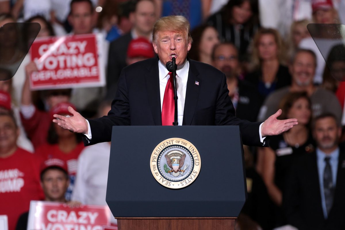 President of the United States Donald Trump speaks with supporters at a Make America Great Again campaign rally at International Air Response Hangar at Phoenix-Mesa Gateway Airport in Mesa, AZ. 