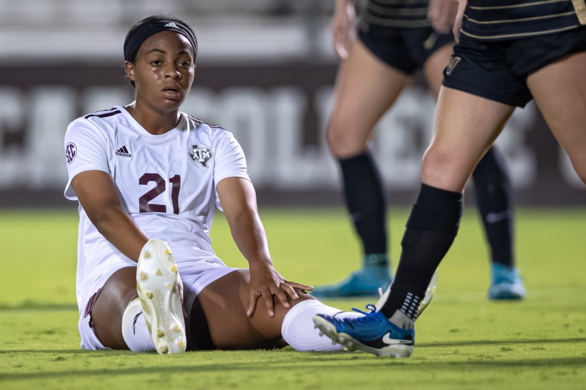 Texas A&amp;M forward Jazmine Wilkinson (21) reacts after a missed shot-on-goal during Texas A&amp;M’s game against Vanderbilt at Ellis Field on Thursday, Oct. 10, 2024. (Chris Swann/The Battalion)