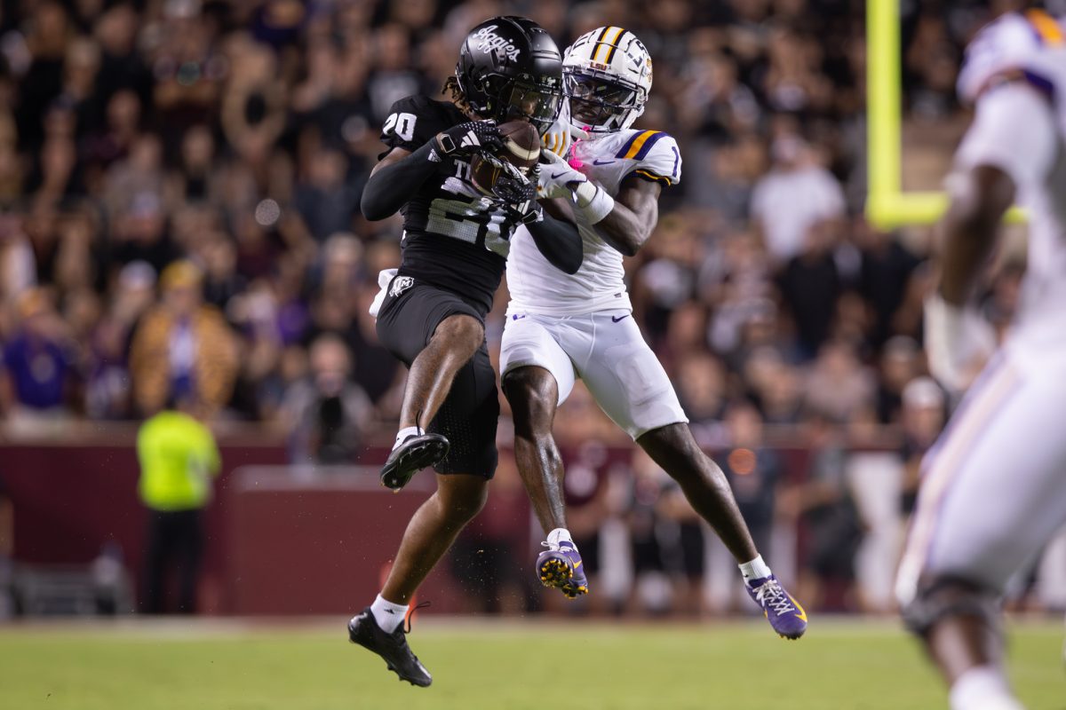 Texas A&amp;M Aggies defensive back BJ Mayes (20) completes an interseption during Texas A&amp;M’s game against LSU at Kyle Field on Saturday, Oct. 26, 2024. (Hannah Harrison/The Battalion)