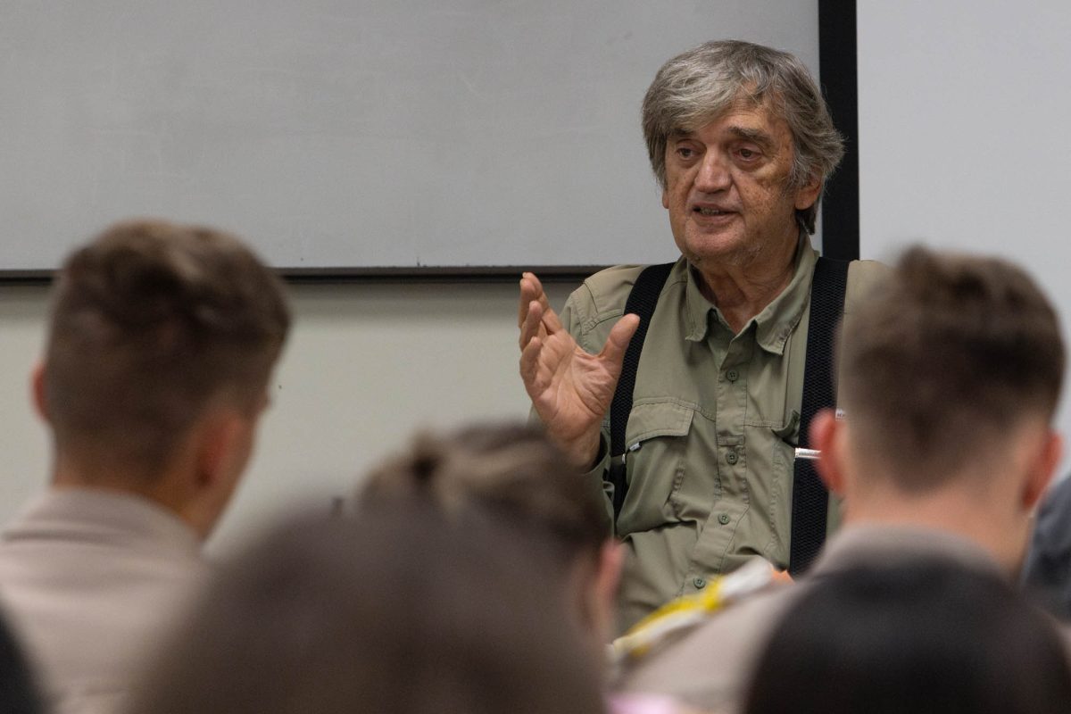 Sociology professor Dr. Stjepan Mestrovic lectures to his Sociology of War Crimes class in the Bright Building on Tuesday, Oct. 1, 2024. (Isabel Lubrano/The Battalion)