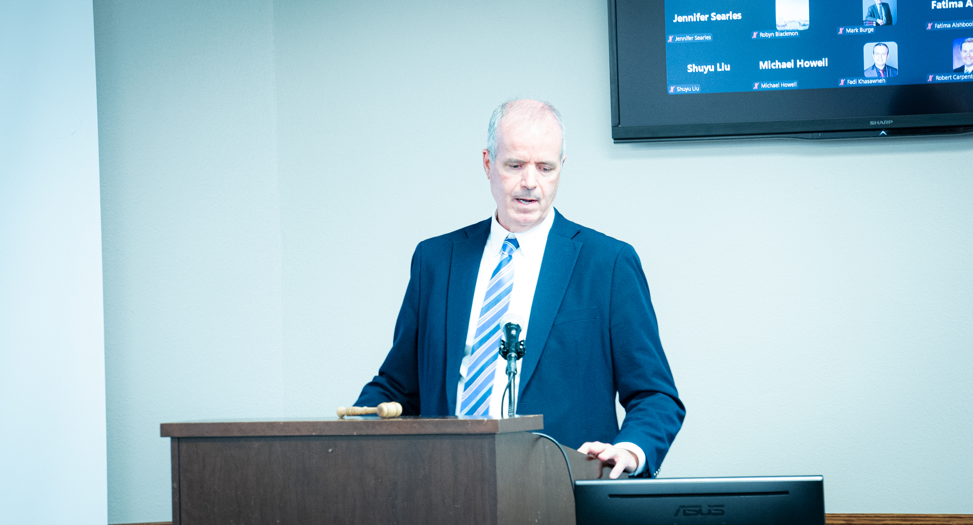 Provost Alan Sams answers a question asked during a Faculty Senate meeting in Rudder Tower on Monday, Oct. 14, 2024. (Jenna Isbell/The Battalion)