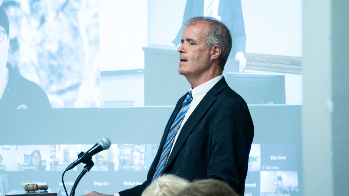 Executive Vice President and Provost Alan Sams answers a question during the Faculty Senate meeting hosted in Rudder Tower on Monday, Oct. 14, 2024. (Jenna Isbell/The Battalion)