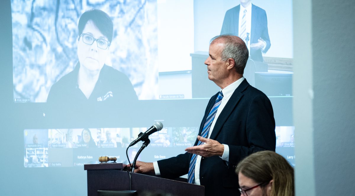 Executive Vice President and Provost Alan Sams answers a question the Faculty Senate meeting hosted in Rudder Tower on Monday, Oct. 14, 2024. (Jenna Isbell/The Battalion)