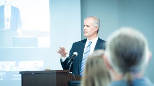 Provost Alan Sams addresses the Faculty Senate meeting hosted in Rudder Tower on Monday, Oct. 14, 2024. (Jenna Isbell/The Battalion)