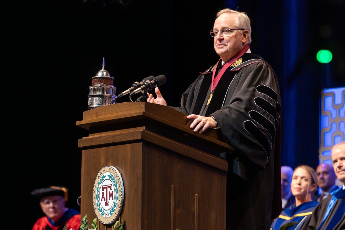 President Mark A. Welsh III gives his presidential address during the Mark A. Welsh III Investiture in Rudder Auditorium on Friday, Oct. 25, 2024. (Hannah Harrison/The Battalion)