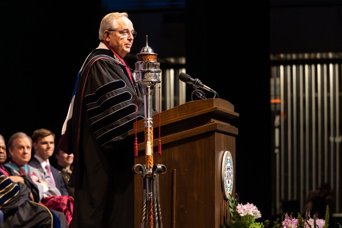 President Mark Welsh III gives his presidential address during the Mark A. Welsh Investiture at The Rudder Theatre Complex on Friday, Oct. 25, 2024. (Hannah Harrison/The Battalion)