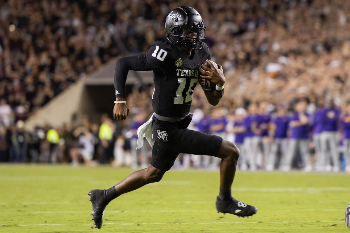 Texas A&M Aggies quarterback Marcel Reed (10) runs toward the end zone during Texas A&M’s game against LSU at Kyle Field on Friday, Oct. 25, 2024. (Chris Swann/The Battalion)