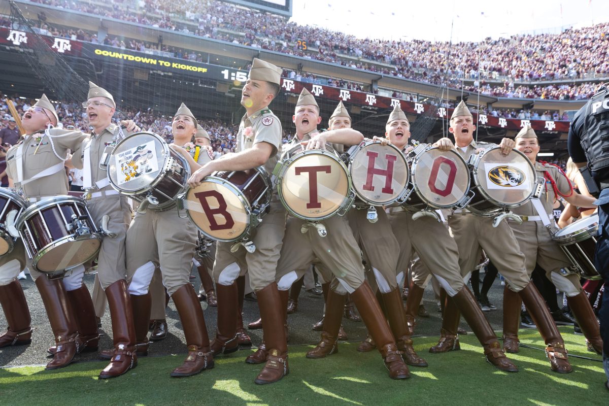 The Fightin’ Texas Aggie Band snare drummers sing The War Hymn before Texas A&amp;M’s game against Missouri at Kyle Field Saturday, Oct. 5, 2024. (Chris Swann/The Battalion)