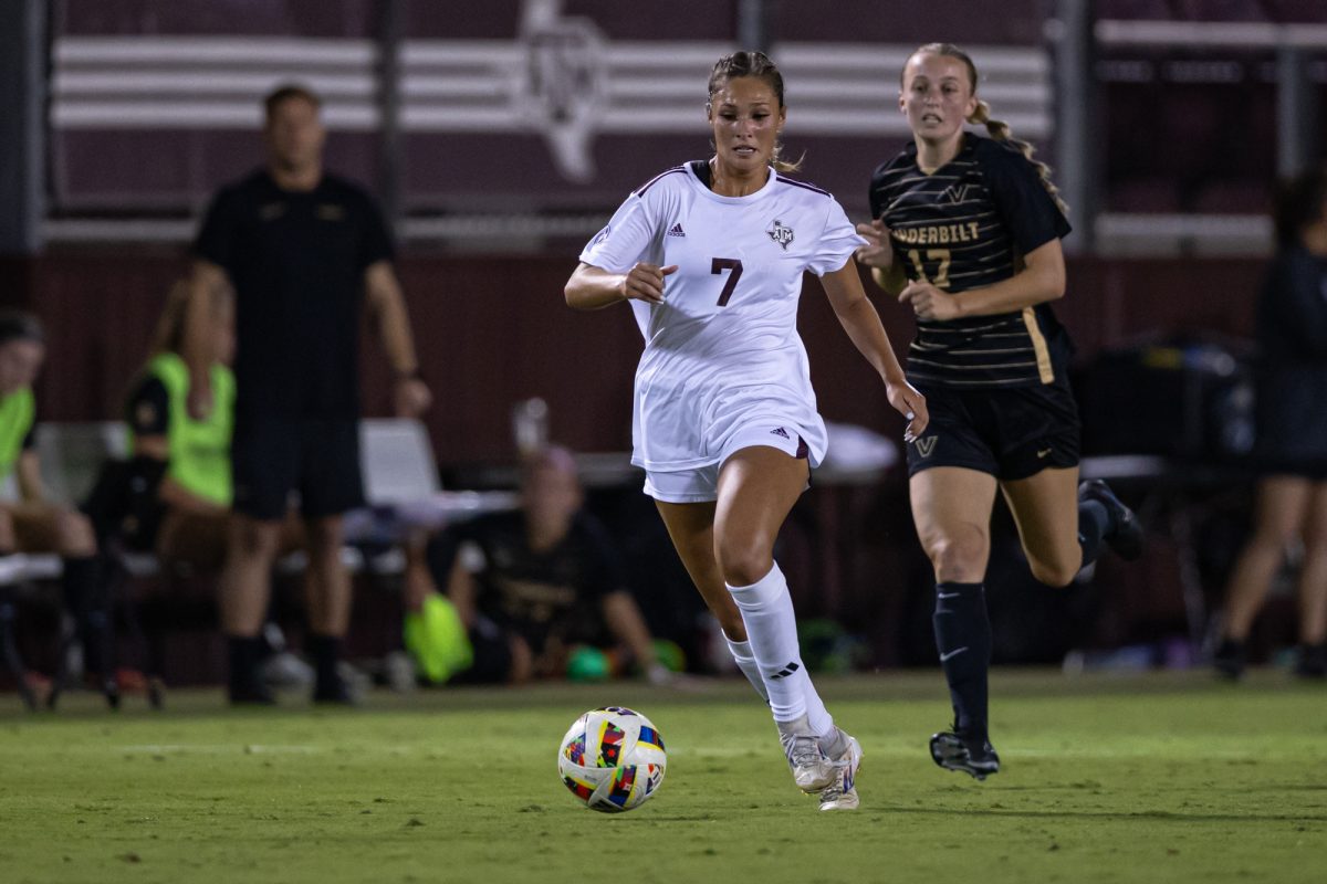 Texas A&amp;M midfielder Sydney Becerra (7) dribbles upfield while being chased by Vanderbilt forward Rachel Deresky (17) during Texas A&amp;M’s game against Vanderbilt at Ellis Field on Thursday, Oct. 10, 2024. (Sarthak Dalal/The Battalion)