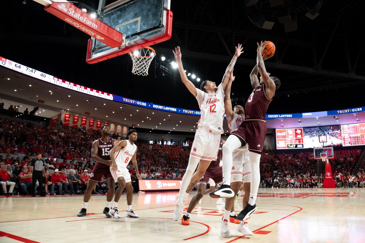 Texas A&amp;M Aggies guard Rob Dockery (3) makes a shot during Texas A&amp;M’s charity exhibition against Houston at Fertitta Center in Houtson, TX on Sunday, Oct. 27, 2024. (Chris Swann/The Battalion)