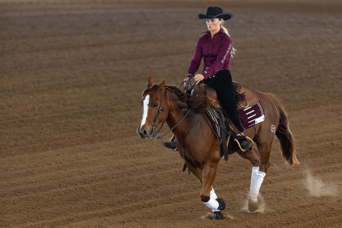 Anna Harris moves around the arena for the reining portion during Texas A&amp;M's meet against South Carolina at the Hidebrand Equine Complex on Friday, Oct. 25, 2024. (Micah Richter/The Battalion)