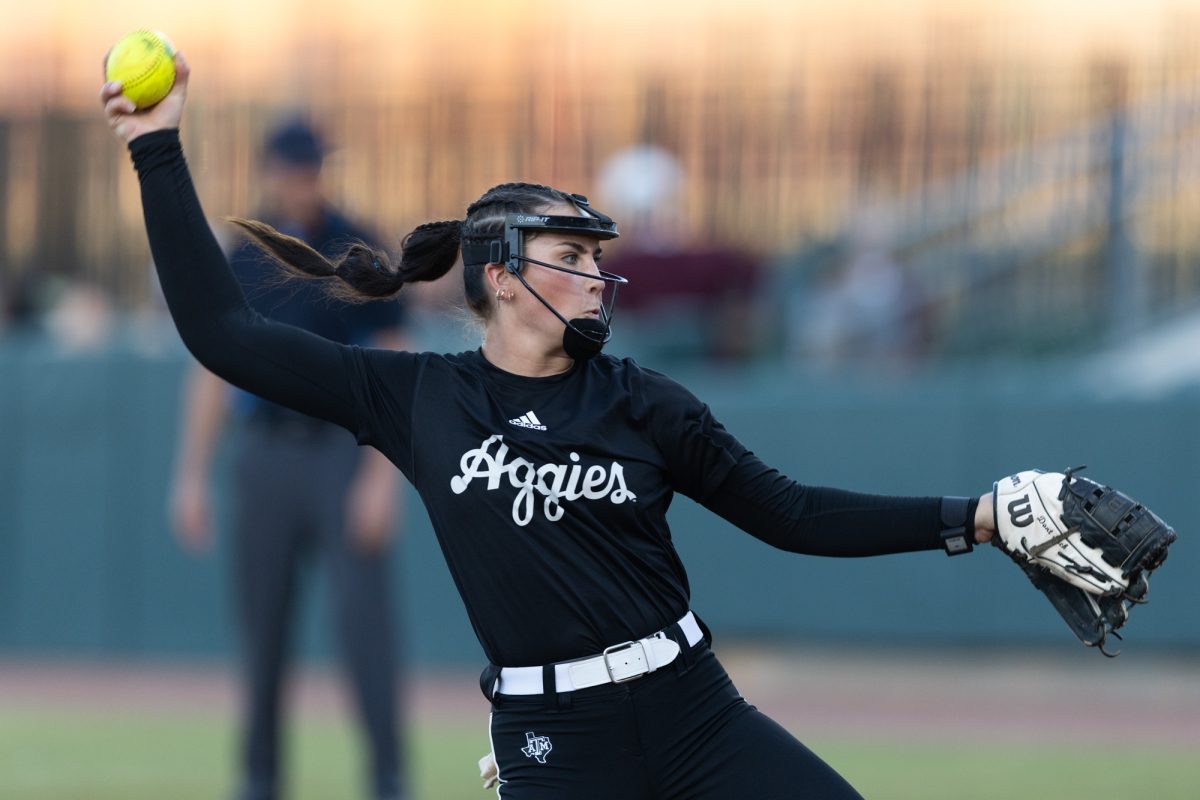 Texas A&amp;M Aggies pitcher Sydney Lessentine (7) throws a pitch during Texas A&amp;M’s exhibition game against Temple College at Davis Diamond on Tuesday, April 22, 2024. (Chris Swann/The Battalion)