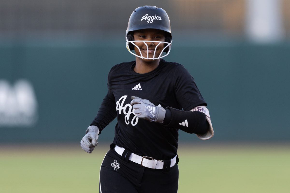 Texas A&amp;M Aggies infielder KK Dement (16)reacts after hitting a home run during Texas A&amp;M’s exhibition game against Temple College at Davis Diamond on Tuesday, April 22, 2024. (Chris Swann/The Battalion)