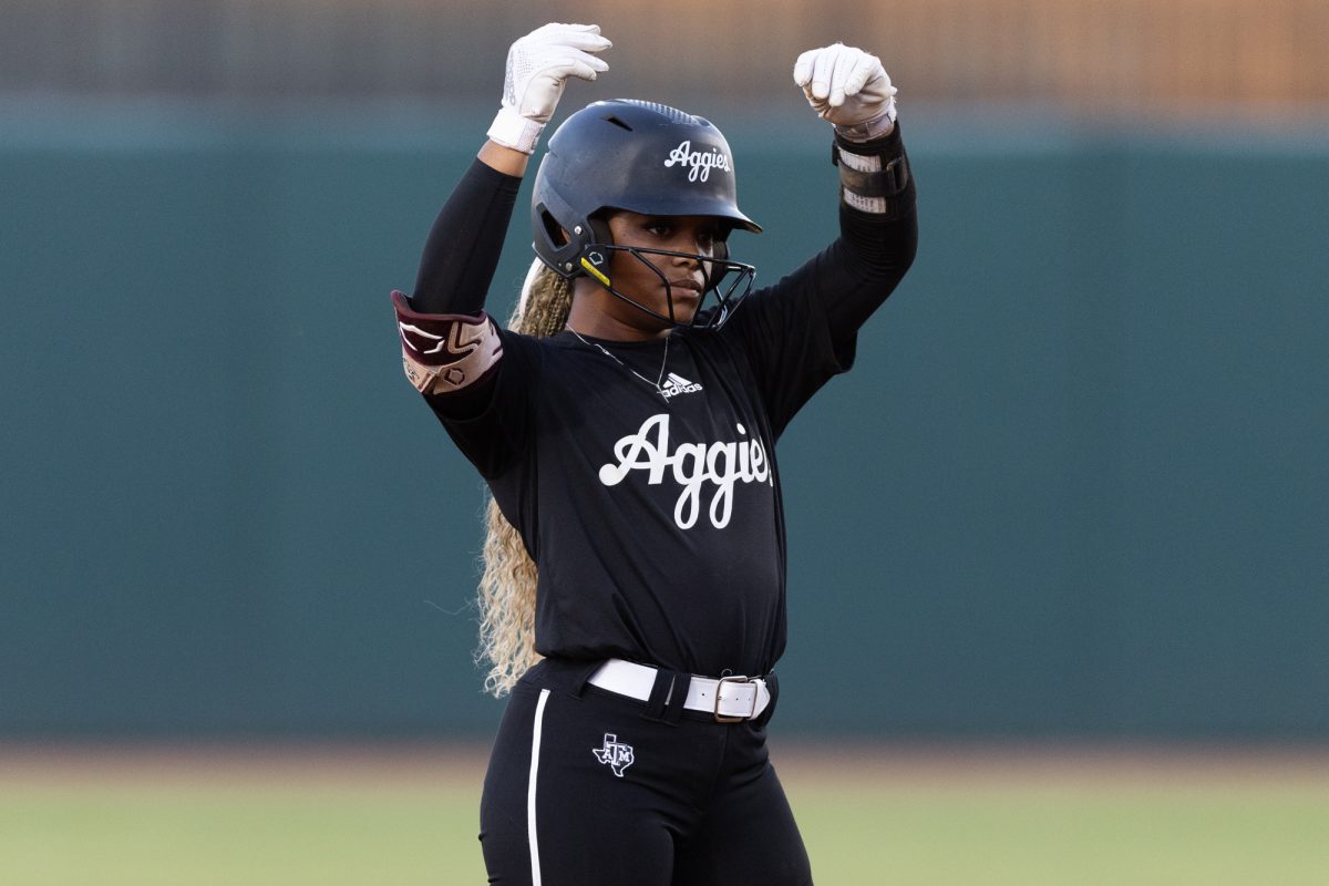 Texas A&amp;M Aggies infielder Kennedy Powell (1) reacts after hitting a double during Texas A&amp;M’s exhibition game against Temple College at Davis Diamond on Tuesday, April 22, 2024. (Chris Swann/The Battalion)