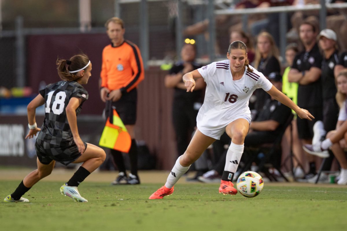 Texas A&amp;M defender Macy Matula (18) gets past a Mississippi State defender Texas A&amp;M’s game against Mississippi State at Ellis Field on Sunday, Oct. 27, 2024. (Trinity Hindman/The Battalion)