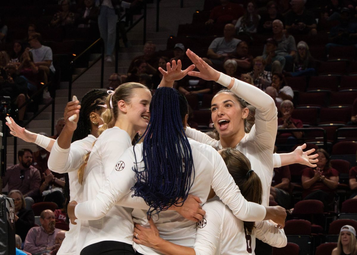 The Aggies react after a point during Texas A&amp;M’s game against Arkansas at Reed Arena on Sunday, October 20,2024. (Rocio Salgado/The Battalion)