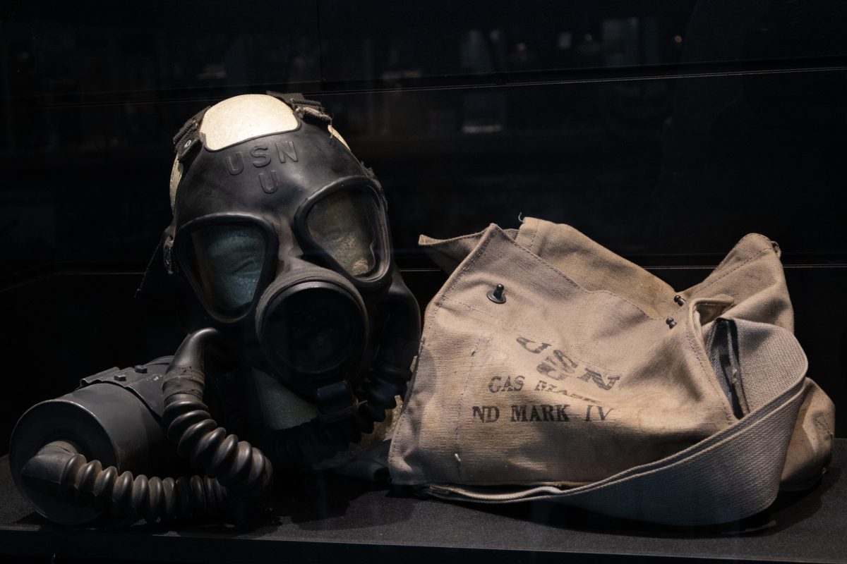 A ND MARK IV gas mask, used during World War II, sits on display at the Museum of the American G.I. on Wednesday, Oct. 16, 2024. (Abdurahman Azeez/The Battalion)