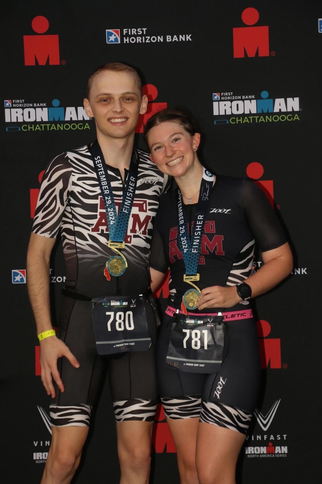 Kaitlin Bowman and Nathan Groves pose together after completing the 2024 IRONMAN Chattanooga triathlon. (Photo courtesy of Kaitlin Bowman)