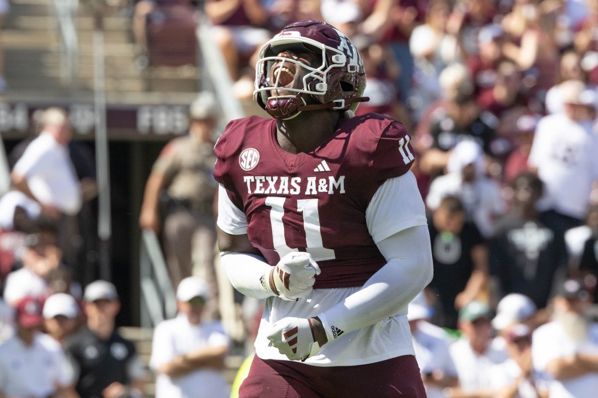 Texas A&amp;M defensive lineman Nic Scourton (11) reacts after making a tackle in the backfield during Texas A&amp;M’s game against Missouri at Kyle Field Saturday, Oct. 5, 2024. (Kelii Horvath/The Battalion)