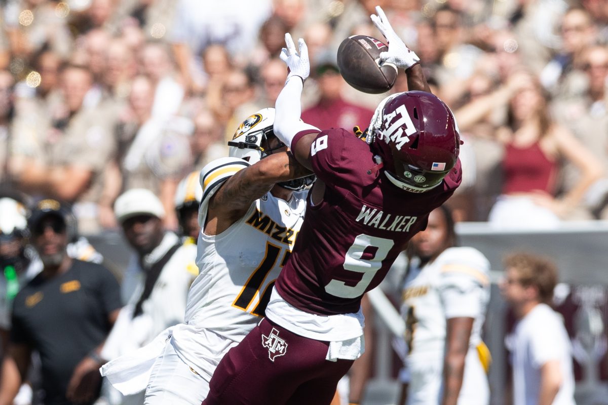 Texas A&amp;M Aggies wide receiver Jahdae Walker (9) catches a pass during Texas A&amp;M’s game against Missouri at Kyle Field Saturday, Oct. 5, 2024. (Chris Swann/The Battalion)