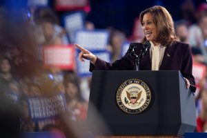 Vice President Kamala Harris speaks on stage during a rally at Shell Energy Stadium in Houston, TX on Friday, Oct. 25, 2024.