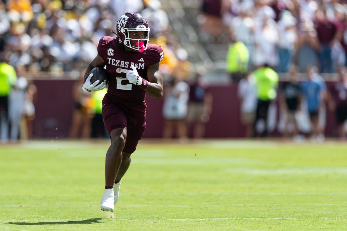 Texas A&amp;M Aggies defensive back Terry Bussey (2) runs downfield for a touchdown during Texas A&amp;M’s game against Missouri at Kyle Field Saturday, Oct. 5, 2024. (Chris Swann/The Battalion)