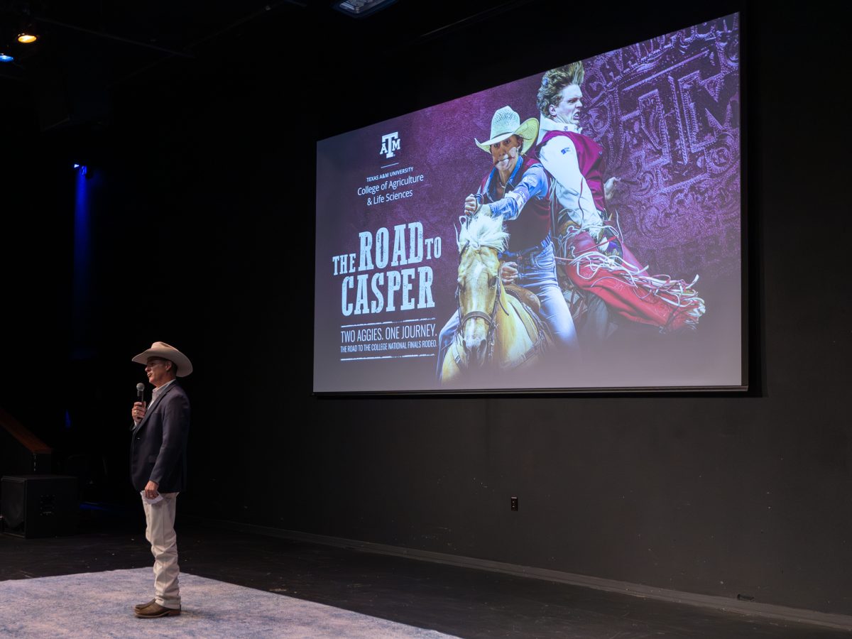 Dr. Clay Mathis, Department head of Animal Science, addresses the crowd at the Rudder Forum on Monday, Oct. 28, 2024 (Lillian Lopez/The Battalion)