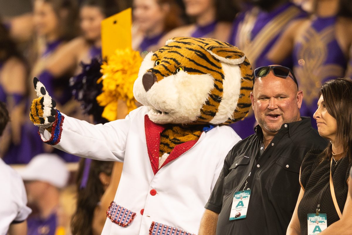 LSU mascot Mike the Tiger hits a gig 'em during Texas A&amp;M's game against LSU at Kyle Field on Saturday, Oct. 26, 2024. (Adriano Espinosa/The Battalion)