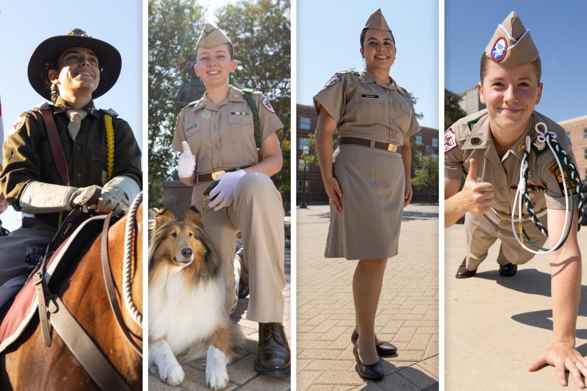 (From left to right) Biomedical sciences senior Olivia Baptiste, biomedical sciences sophomore Sarah DeLacerda, biomedical sciences freshman Leah Bechert and animal science junior Madison Cronin pose for photos at The Quad. (Chris Swann/The Battalion)