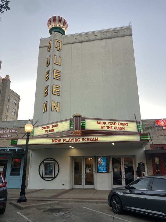 The exterior of The Queen Theater in Downtown Bryan, Texas.