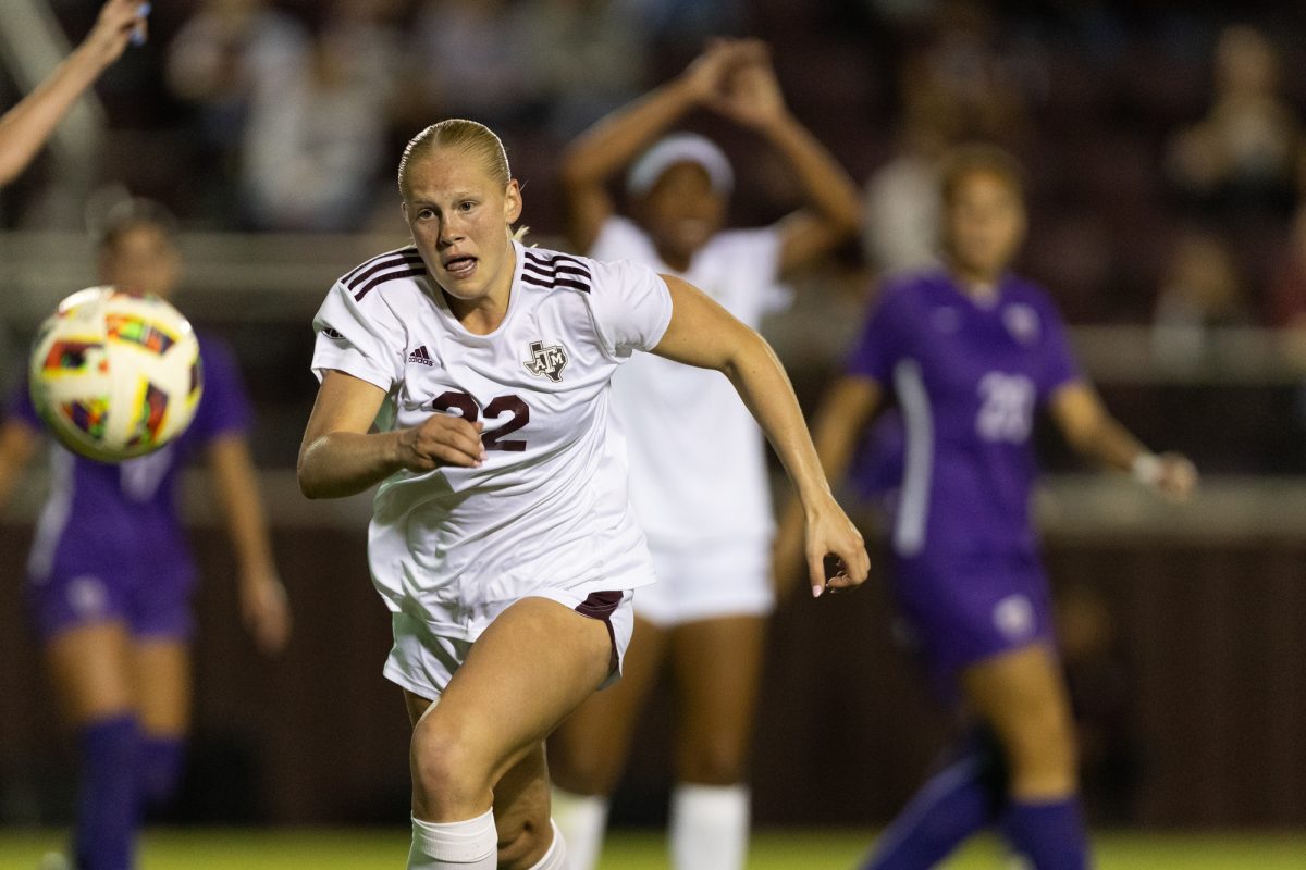 Texas A&amp;M defender Margo Matula (22) chases a loose ball during Texas A&amp;M's game against LSU at Ellis Field on Friday, Oct. 18, 2024. (Adriano Espinosa/The Battalion)