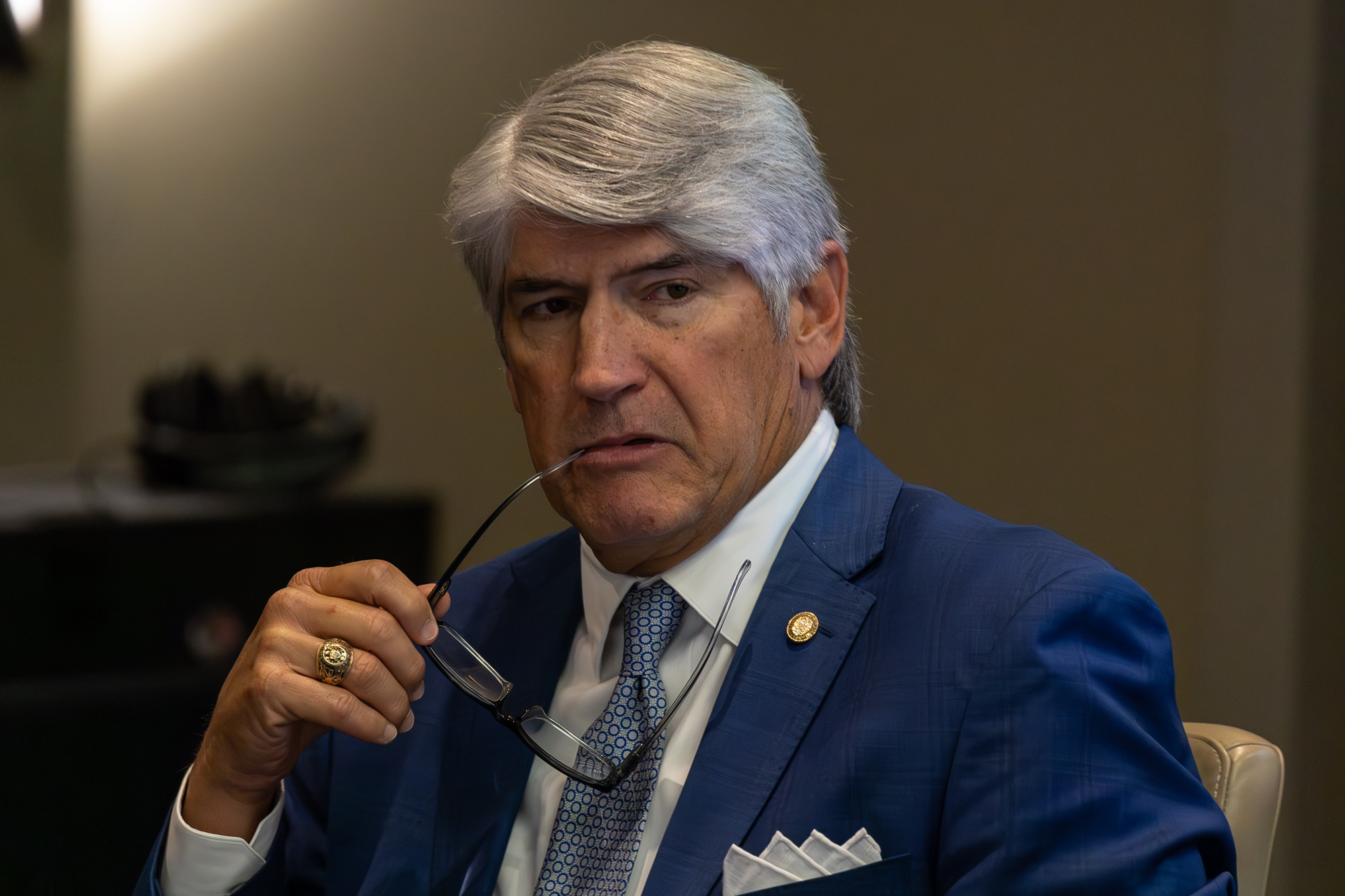 Regent Michael J. Plank contemplates before the Board of Regents meeting on Thursday, Nov. 7, 2024. (Jackson Stanley/The Battalion)