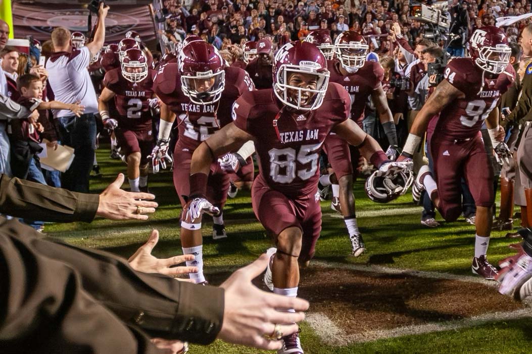 The Aggies run out to the field before Texas A&amp;M’s game against Texas at Kyle Field on November 24, 2011. (FILE)